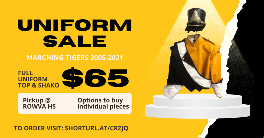 Image with photo of marching band uniform and information about it's sale.